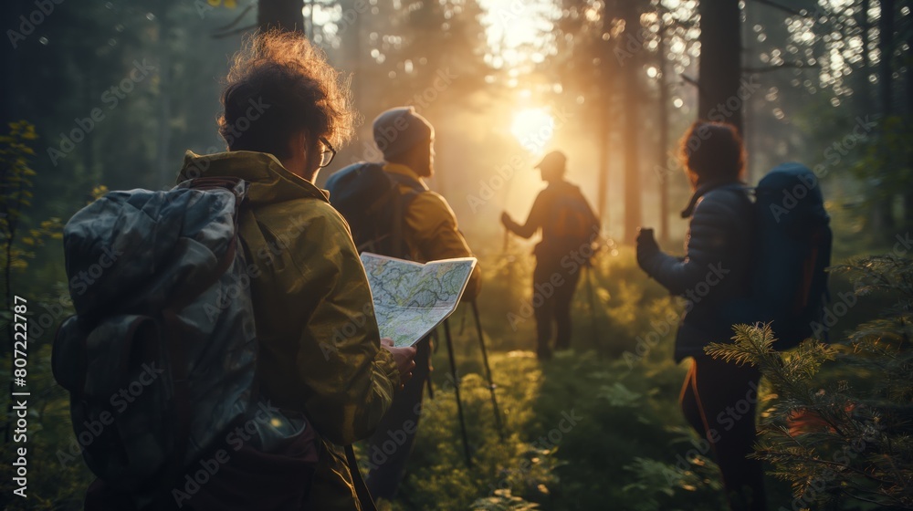early morning hike in a lush forest, a group of friends using a map and compass to navigate early morning hike in a lush forest, a group of friends using a map and compass to navigate