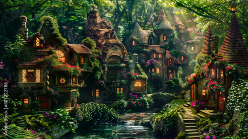 Craft an enchanting scene of fairy villages harmoniously blending with the natural beauty of the forest Illustrate tiny inhabitants going about their daily lives