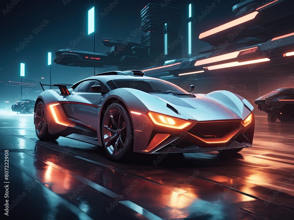 Futuristic sports car with neon lights glow in the dark car vehicle