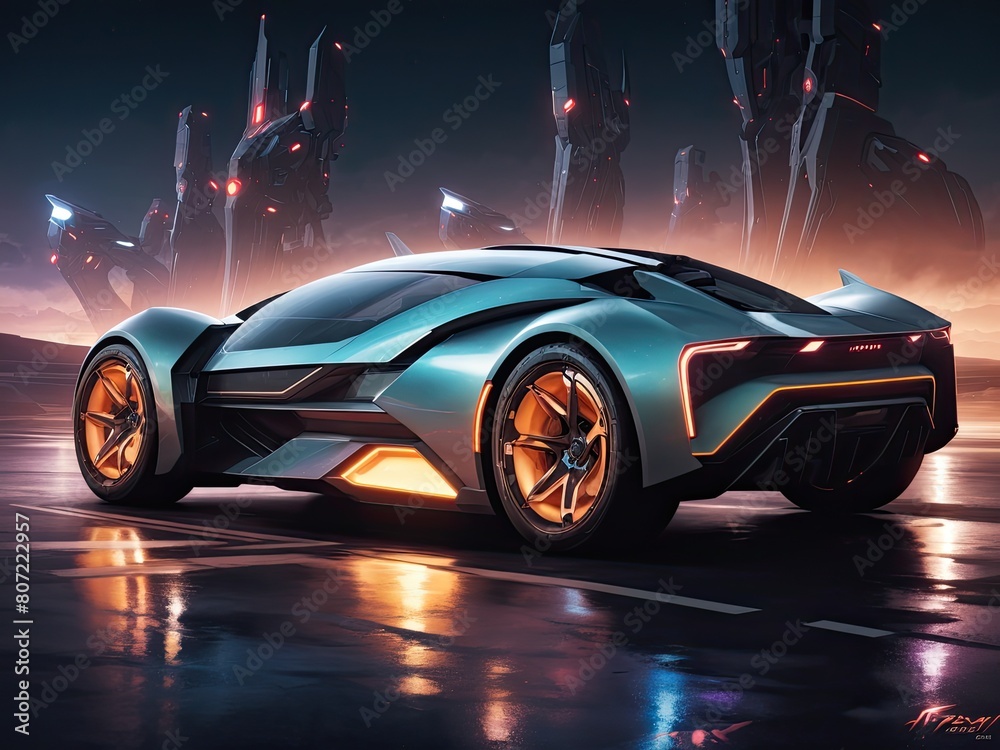 Futuristic sports car with neon lights glow in the dark car vehicle