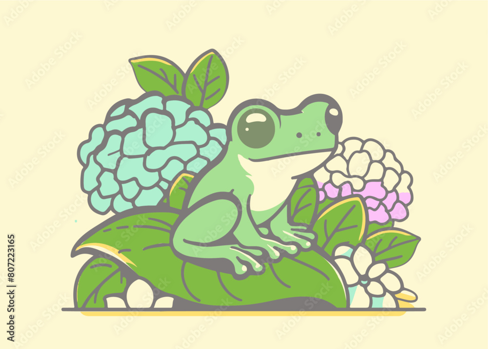 Obraz premium 紫陽花の庭園の中で雨を待つかわいいアマガエルのイラスト