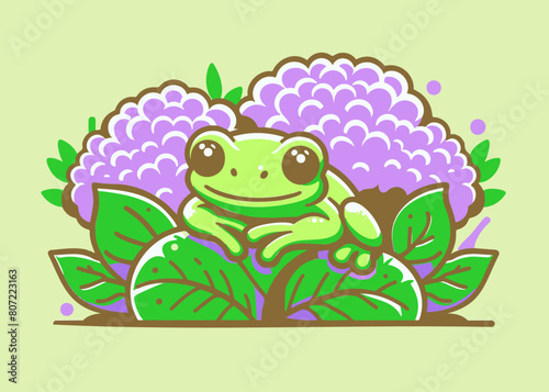 紫陽花の庭園の中で雨を待つかわいいアマガエルのイラスト