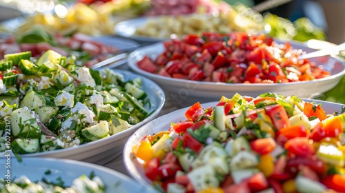 A close up of a colorful array of homemade salads including Greek salad caprese salad and potato salad at a picnic celebrating different cultural cuisines. hyper realistic  photo