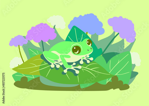 紫陽花の庭園の中で雨を待つかわいいアマガエルのイラスト