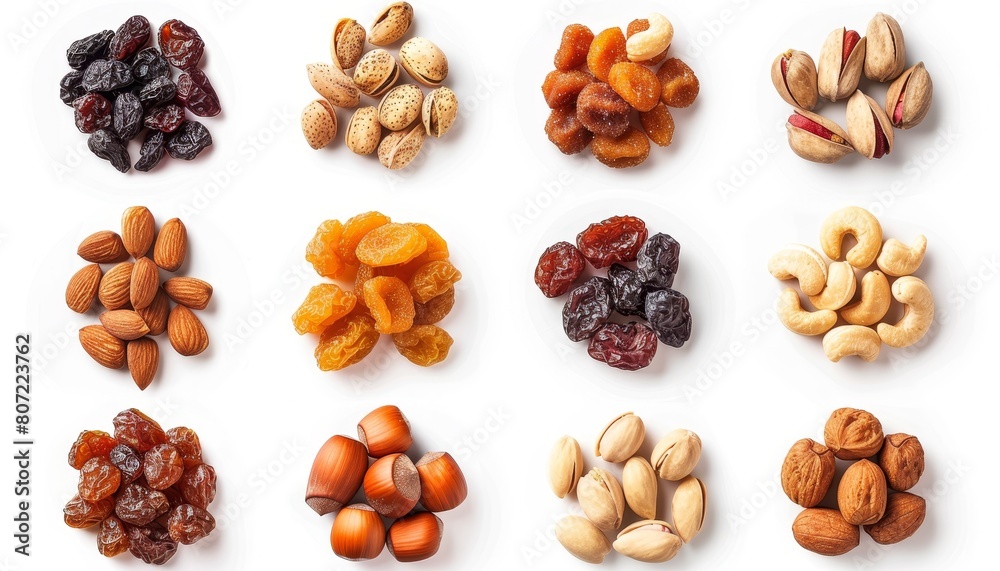 Obraz premium Isolated white background with nuts and dried fruits