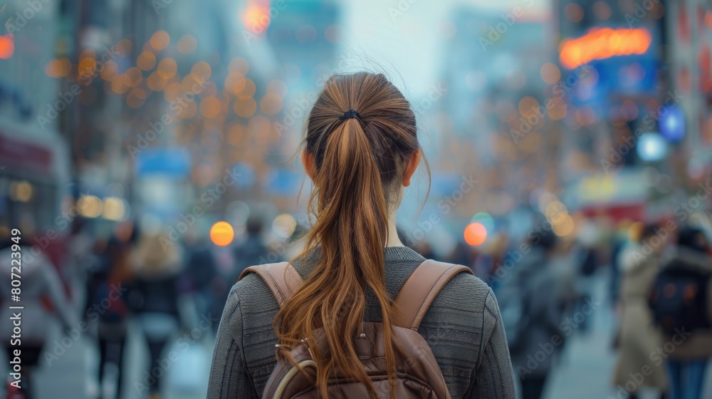 Unrecognizable Young Student Woman Stands Out in Crowded Afternoon City Scene, with Defocused Background. Text or copy space. Unrecognizable Young Student Woman Stands Out in Crowded Afternoon City Scene, with Defocused Background. Text or copy space.