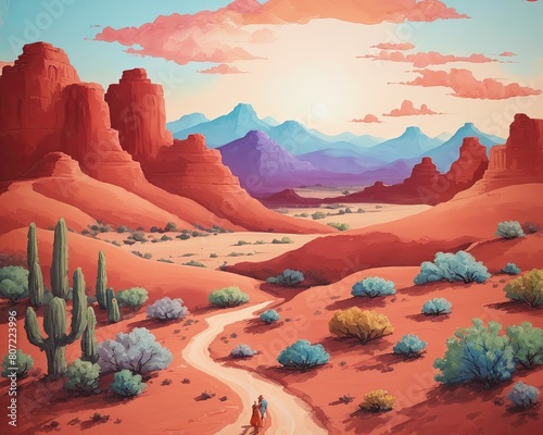 A digital art painting of mountain in the desert