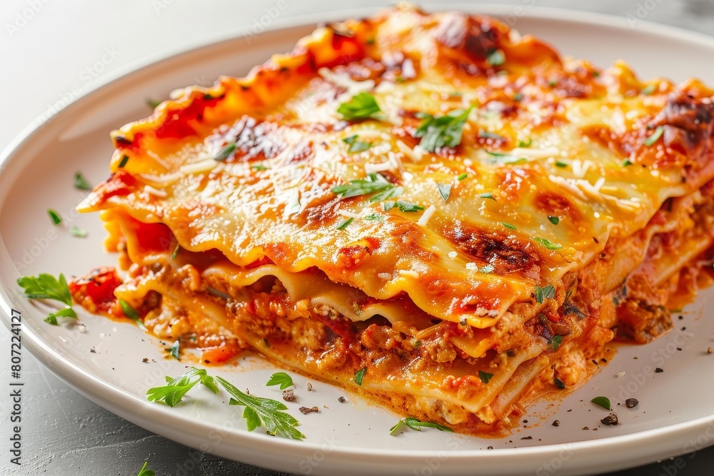 Italian lasagna with tomato sauce on white background Close up of lasagna with Parmesan cheese on elegant plate Italian lasagna with tomato sauce on white background Close up of lasagna with Parmesan cheese on elegant plate