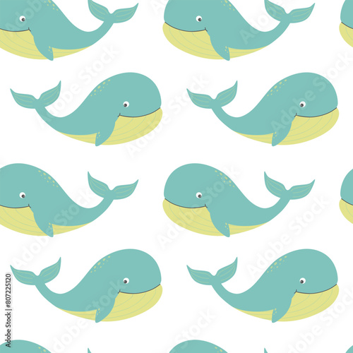 Seamless pattern with cute cartoon whales. Vector. 