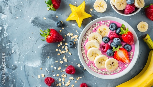 Marble background with smoothie or asai bowl adorned with berries bananas oatmeal dragon fruit stars and chia seeds Healthy breakfast idea Flat lay from above photo