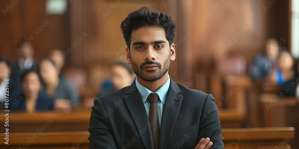 Confident young man in suit standing in a courtroom setting Confident young man in suit standing in a courtroom setting