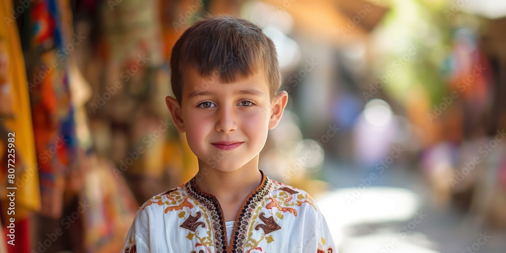 Fototapeta premium A young boy poses in vibrant Ukrainian traditional embroidered attire