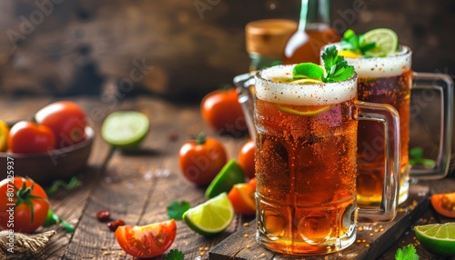 Mexican drink with beer tomato and Clamato on wooden table photo