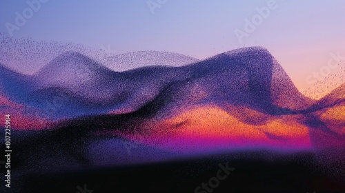 AI generated illustration of a flock of birds in the sky at sunset photo