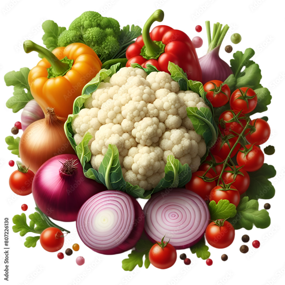 Colorful Cauliflower Creation: Cauliflower, Bell Pepper, Red Onion, Tomato, Garlic, and White Onion Ensemble Colorful Cauliflower Creation: Cauliflower, Bell Pepper, Red Onion, Tomato, Garlic, and White Onion Ensemble