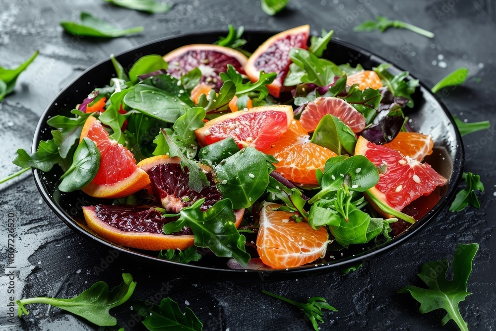 Mixed greens and blood orange citrus salad on black ceramic plate Vegan vegetarian clean eating concept Dark stone background