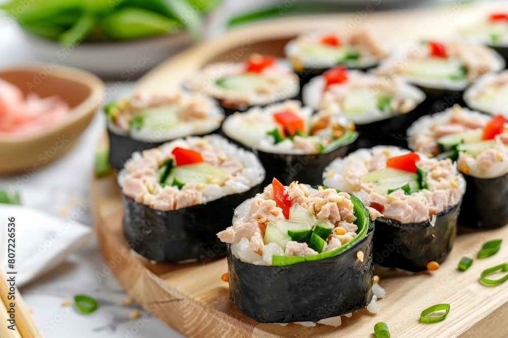 Mixed tuna crab pork and vegetables in a noodle tube on a white cutting board Mixed tuna crab pork and vegetables in a noodle tube on a white cutting board