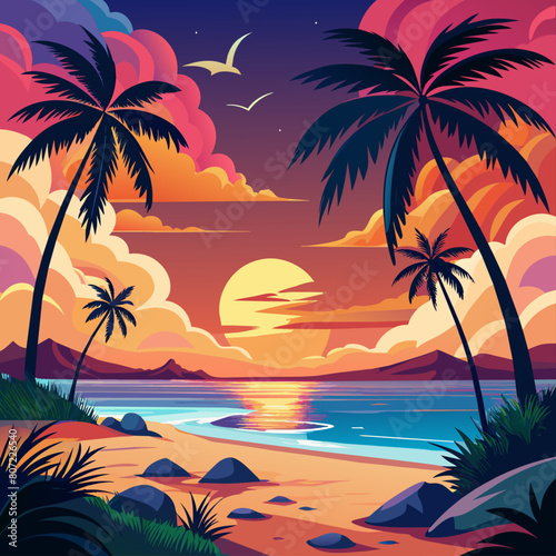 Saturated sunset beach scenes with palm trees for travel  leisure  or hospitality marketing.