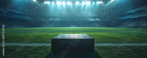 A podium with three tiers stands on a brightly lit soccer field. photo