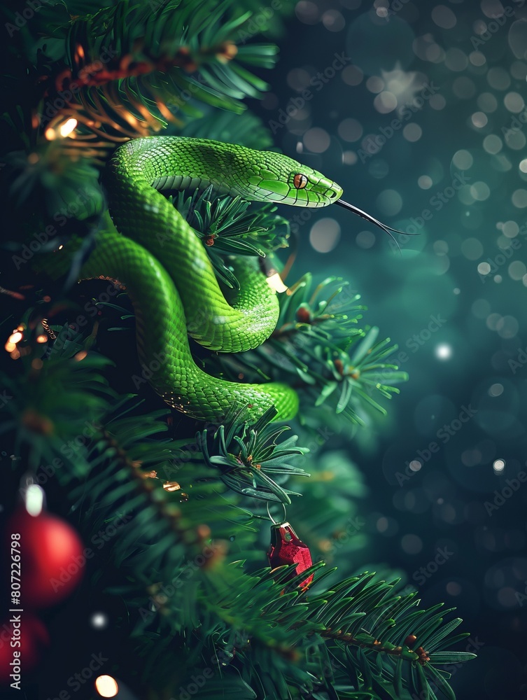 Fototapeta premium Christmas fir branches and a green snake.