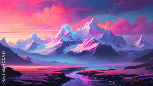Sad beautiful artwork with pink clouds and mountains.Anime, manga landscape at dusk 