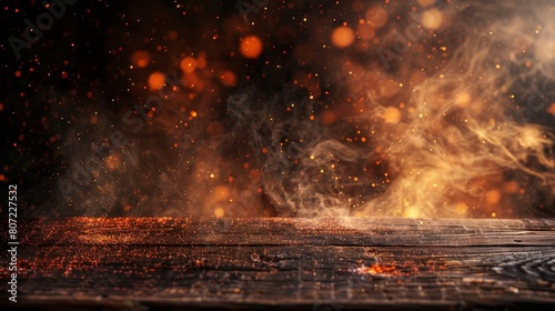 A wooden table with fire and smoke rising from the background.