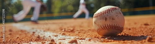 Little league baseball game with a close up of the ball on the infield dirt with blurred players in the background. photo
