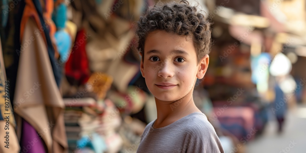 A young curly-haired boy smiles subtly in a colorful marketplace setting A young curly-haired boy smiles subtly in a colorful marketplace setting