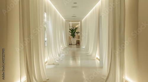 A long, narrow hallway with white walls and sheer white curtains