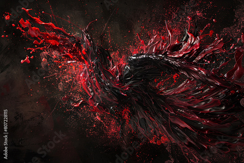 A dramatic spray of crimson and black paint splashes  creating an abstract representation of a fiery phoenix in flight. 