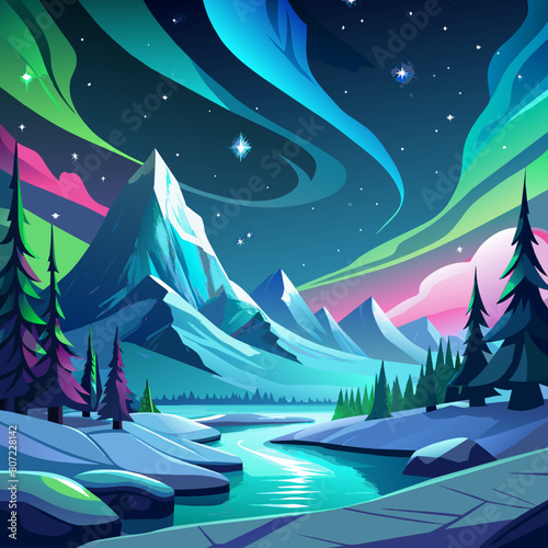 Luminous northern lights backgrounds over snowy landscapes for travel and nature documentaries.