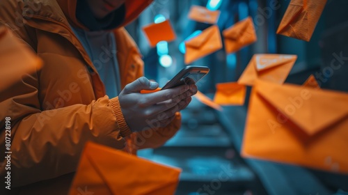 Man Typing text message on smartphone Orange envelopes as incoming and outgoing messages hyper realistic  photo