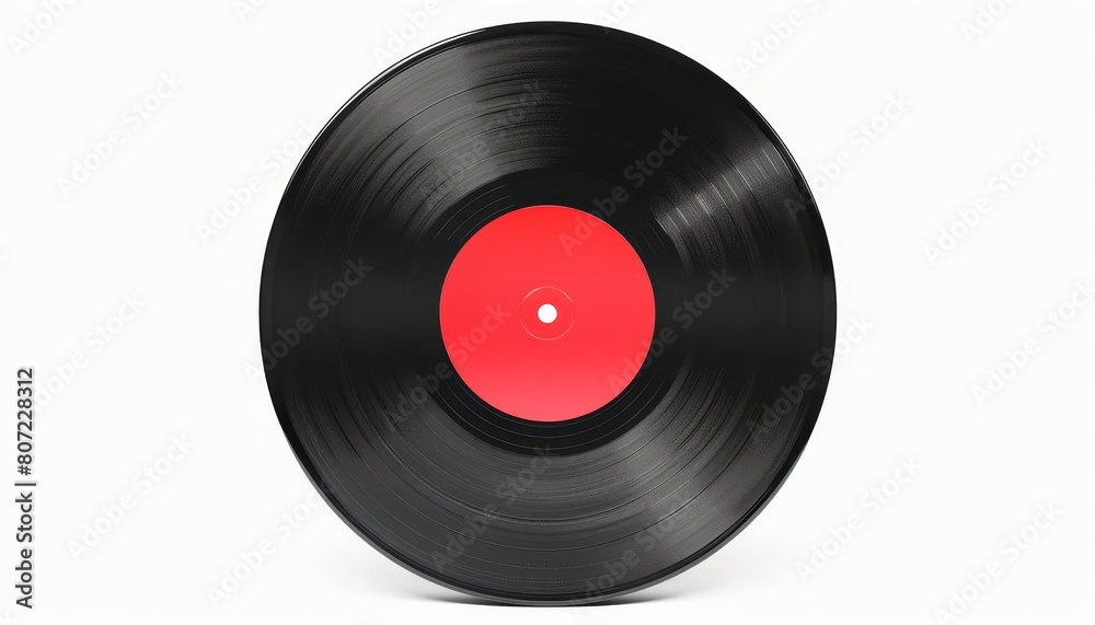 Red label gramophone vinyl LP record with realistic retro design isolated on white background Red label gramophone vinyl LP record with realistic retro design isolated on white background