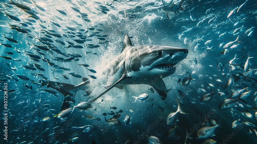 Fototapeta premium Large shark in a spacious aquarium, gracefully chasing a flurry of tiny, darting fish