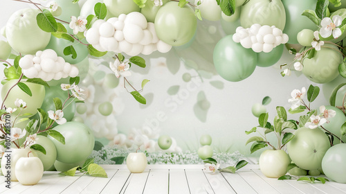 A dreamy balloon wall in a soft palette of spring greens and whites, with balloons subtly shaped like clouds and accented with realistic apple blossoms and green leaves,