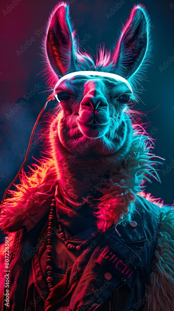Fototapeta premium Llama dressed in a sleek cyberpunk outfit, neon lights accentuating its cool style