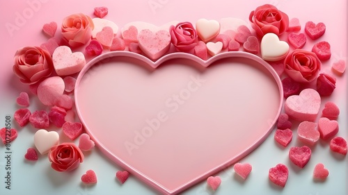 Subject Description: Heart-shaped frame made from pink marmalades, set against a soft pastel background. Suitable for Valentine's Day, Mother's Day, Easter, and wedding greeting card designs. Ideal fo