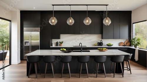 Subject Description: Interior design featuring wood floors and a black kitchen island with a breakfast bar. photo