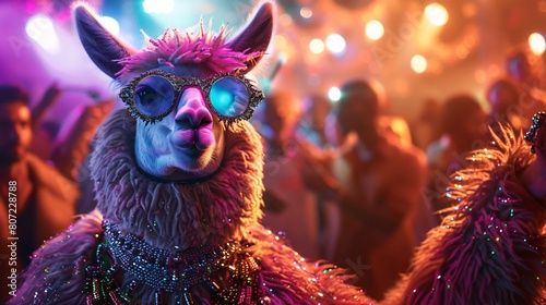 Llama in a swanky disco outfit, sparkling under a nightclub's vibrant lights photo