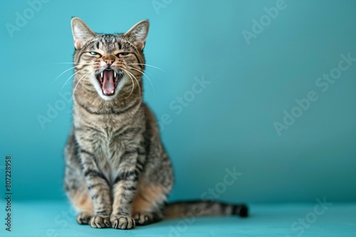 Funny tabby cat on light blue background,  Space for text