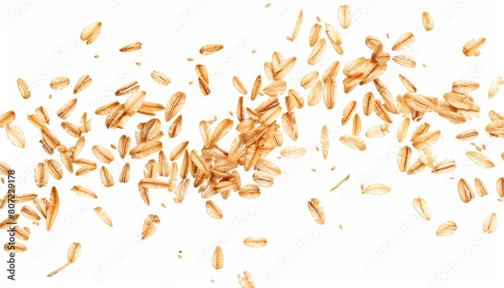 Oat flakes falling on white background isolated with clipping path