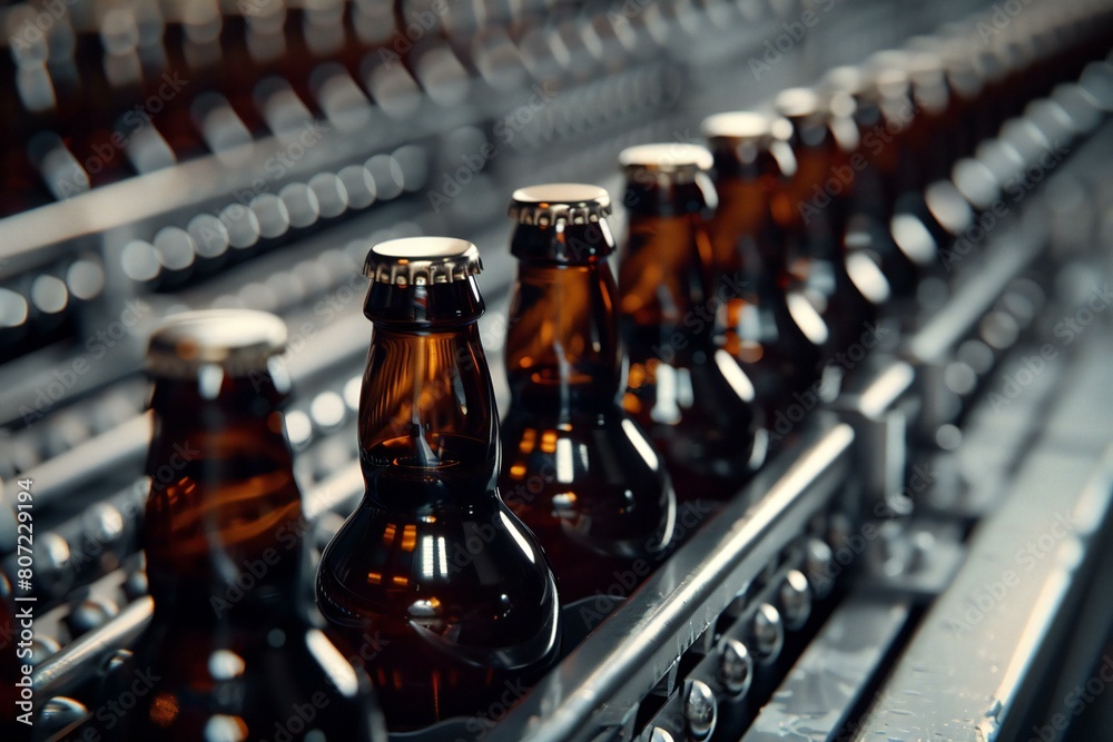 Glass bottles of beer on conveyor belt in factory, closeup