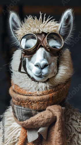 Llama sporting a stylish vintage aviator costume  complete with goggles and scarf