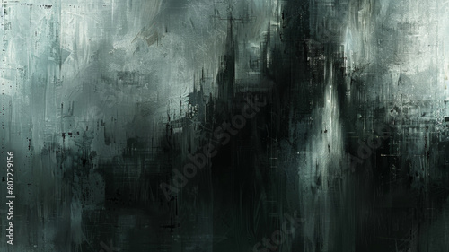 A painting of a cityscape with a dark, moody atmosphere