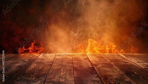Old wooden table with fiery appearance against dark backdrop