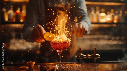  A bartender skillfully flaming an orange peel over a cocktail, releasing aromatic oils into the air 