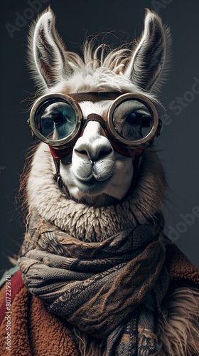 Llama sporting a stylish vintage aviator costume, complete with goggles and scarf
