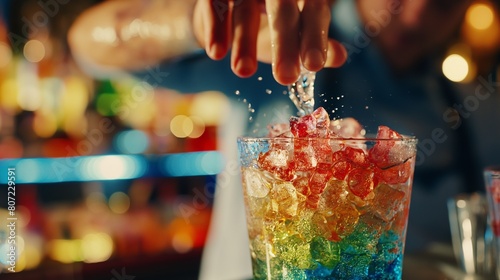  A close-up of a mixologist expertly layering colorful ingredients into a cocktail shaker 