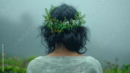   The woman's head is partially obscured by mist and adorned with a halo of flowers in her hairstyle photo