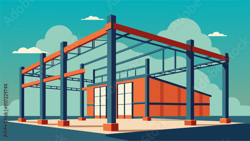 Large steel beams have been erected forming the framework for the structure and giving a glimpse of how the building will take shape.. Vector illustration